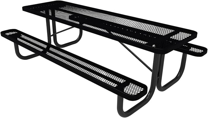 Heavy-Duty Portable Outdoor Picnic Table, Thermoplastic Coated Expanded Metal Commercial-Grade Patio Dining Furniture Made in America (8ft Rectangular, Black)