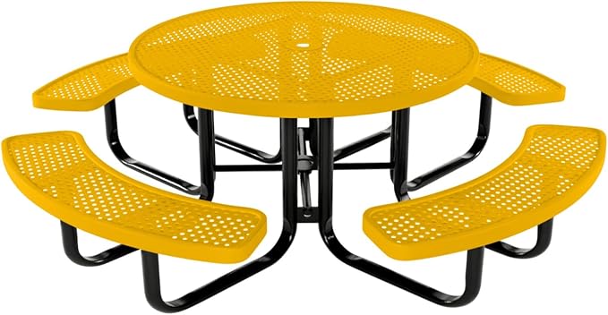 Heavy-Duty Portable Outdoor Kids Table with Umbrella Hole, Punched Steel Kids Picnic Table, Commercial-Grade, Made in America (46 in, Round, Childrens, Textured Yellow)