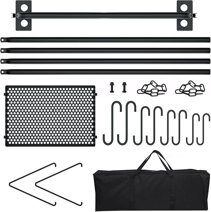 RELIANCER Grill Swing,Campfire Grill Cooking Stand w/8 Hooks & Storage Bag,Cast Iron BBQ Party Swing Grilling Cooking Rack,Outdoor Picnic Camping Cookware Hanging Rack,Collapsible Bonfire Barbecue Set