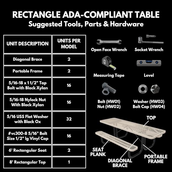 T8H2-TXTBUR Heavy Duty Rectangular Portable Picnic Table, Handicap Accessible on Both Ends, 8 Ft, Textured Burgundy, Made in America