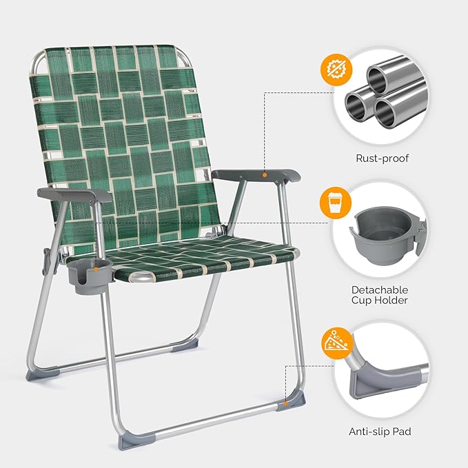 VINGLI Folding Webbed Oversized Lawn Chairs with Detachable Cup Holder, 300 LBS High Beach Chair for Adults Heavy Duty, Portable Aluminum Patio Chair for Yard, Garden, 2 Pack,Dark Green