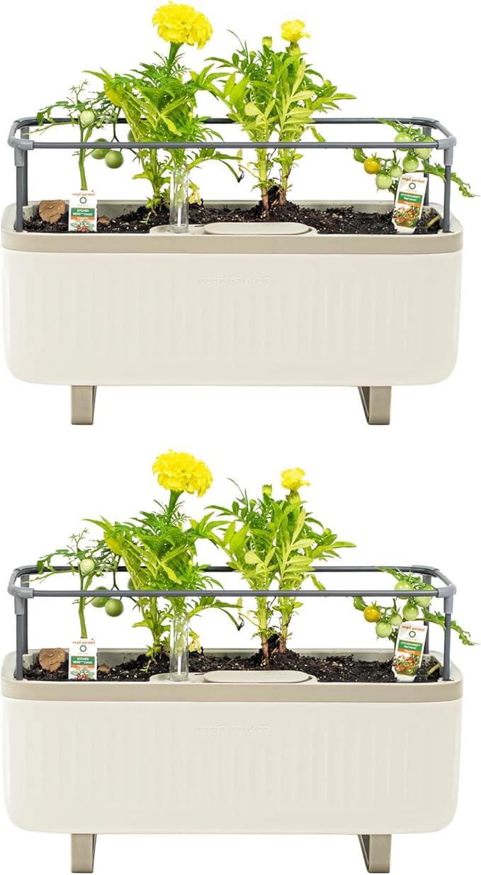Vego Garden 2 Pack Herb Indoor Planter Box, Self Watering Pots with Trellis for Kitchen Window Sill or Countertop Plants Cage - Cream White