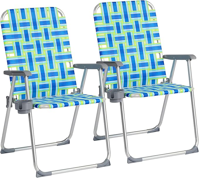 VINGLI Aluminum Patio Lawn Chairs Folding Set of 2 with Detachable Cup Holder, Webbed Beach Chair Folding Chair Outdoor Portable Camping Chair for Yard, Garden Blue alulawnchair