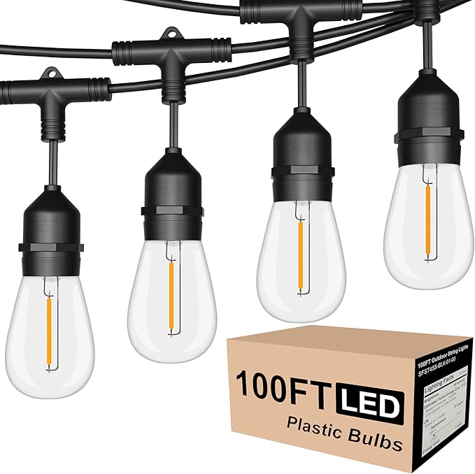 Outdoor String Lights LED 100FT Commercial Grade Heavy Duty Light String Lights with 30 Sockets 32 Shatterproof Plastic Bulbs Include 2 Spare S14 Dimmable Edison Bulbs Patio Market Cafe Light