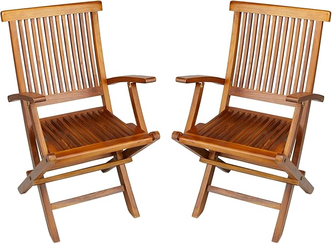 TeakCraft Teak Folding Arm Chair - 2 Piece Foldable Chairs Set - Fully Assembled - Solid Wooden Outdoor, Indoor- Wood Dining Room, Kitchen, Patio, Bistro Chairs, The Mille