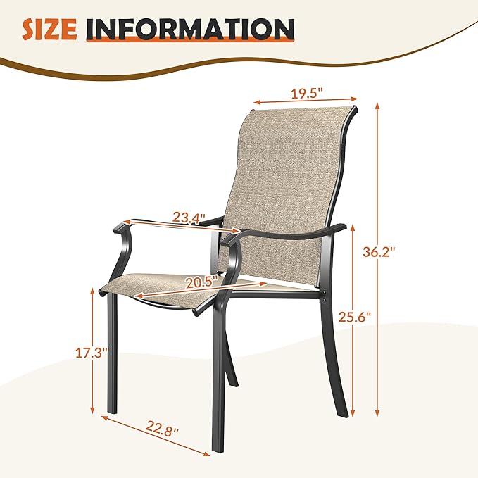 UDPATIO Patio Dining Chairs Set of 6, High Back Wide Seat Outdoor Furniture Chairs with All Weather Breathable Textilene, for Garden Lawn, Brown