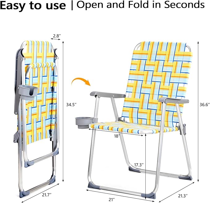 VINGLI Aluminum Patio Lawn Chairs Folding Set of 2 with Detachable Cup Holder, Webbed Beach Chair Folding Chair Outdoor Portable Camping Chair for Yard, Garden