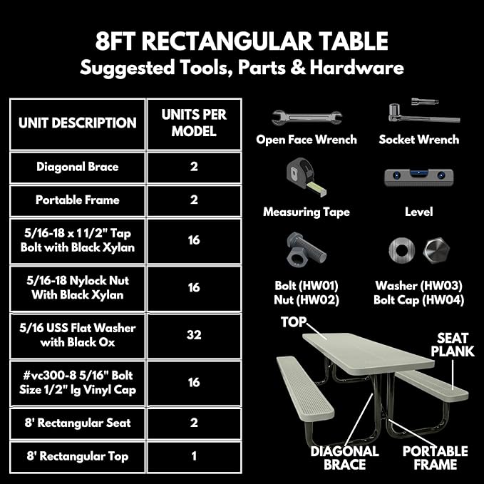 Coated Outdoor Furniture Heavy-Duty Portable Outdoor Picnic Table, Thermoplastic Coated Expanded Metal Commercial-Grade Patio Dining Furniture Made in America (8ft Rectangular, Textured Black)