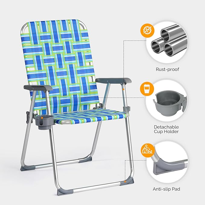 VINGLI Aluminum Patio Lawn Chairs Folding 1 Pack with Detachable Cup Holder, Webbed Beach Chair Folding Chair Outdoor Portable Camping Chair for Yard, Garden …