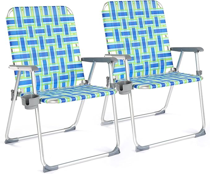 VINGLI Folding Aluminum Webbed Oversized Lawn Chairs with Detachable Cup Holder, 300LBS High Beach Chair for Adults Heavy Duty, Portable Patio Chair for Yard, Garden, 2 Pack,Blue/Green