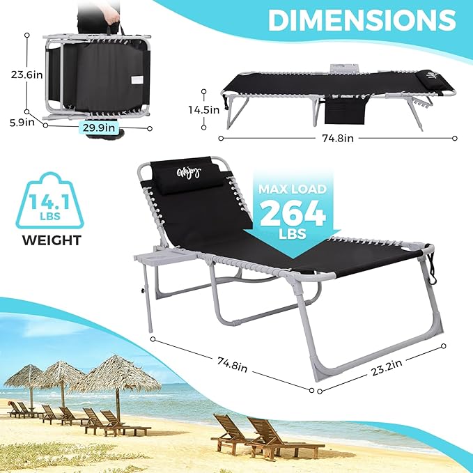 #WEJOY 2 Pack Outdoor Chaise Lounge Chair - Portable Folding Patio Pool Lounge Chair, 5 Positions Adjustable Reclining Camping Chair with Side Table,Shoulder Strap, Pillow for Beach Sunbathing Lawn