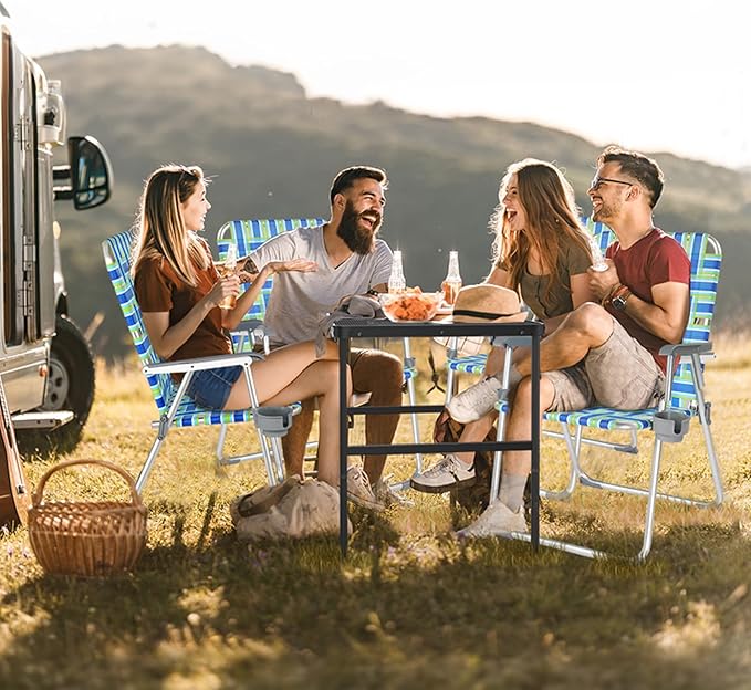 VINGLI Folding Aluminum Webbed Oversized Lawn Chairs with Detachable Cup Holder, 300LBS High Beach Chair for Adults Heavy Duty, Portable Patio Chair for Yard, Garden, 2 Pack,Blue/Green