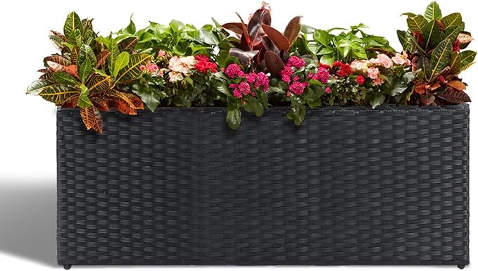 LEWIS&WAYNE Large Rectangular Block Planter Box Handmade Wicker Tall Planters for Outdoor Plants with Removable Liners Modern Planter for Indoor Outdoor Patio Deck - Black, 36''x12''x16''