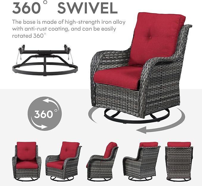 Outdoor Swivel Rcoker Wicker Chairs - Swivel Patio Chairs Set of 2 Patio Furniture Sets with Covered Cushion for Porch Deck Balcony Backyard, Red