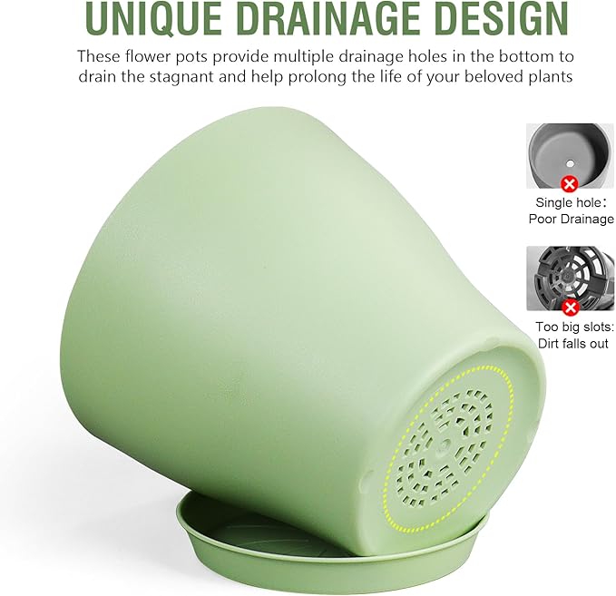 6 inch Plastic Nursery Pots,16 Pack Plant Pots for Small Indoor Outdoor Plants, Flower Pots with Drainage Holes and Saucers, Decorative Seedling Starter Planters for House Plants, Green