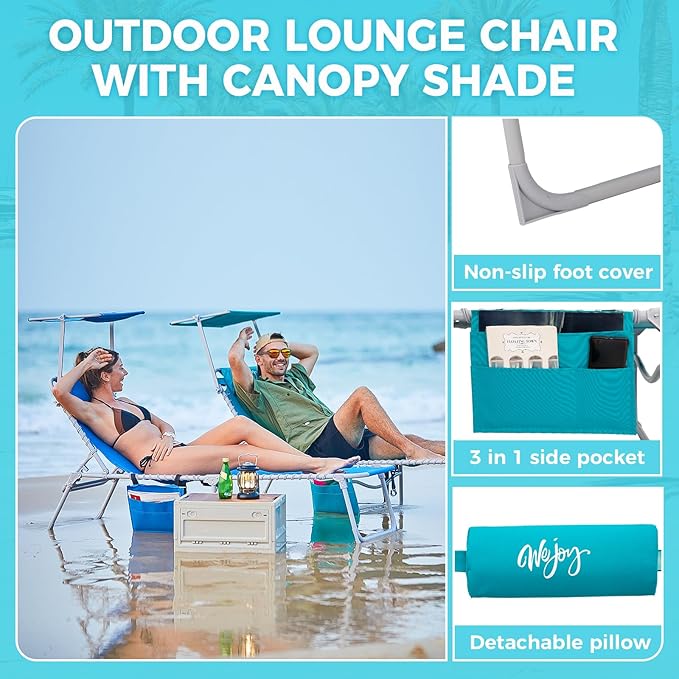 #WEJOY Folding Tanning Chair with Canopy Shade, Portable Adjustable 5-Position Patio Chaise Lounge with Pillow & Storage Pocket for Lay Flat Outdoor Lawn Backyard Beach Camping Pool (Cyan)