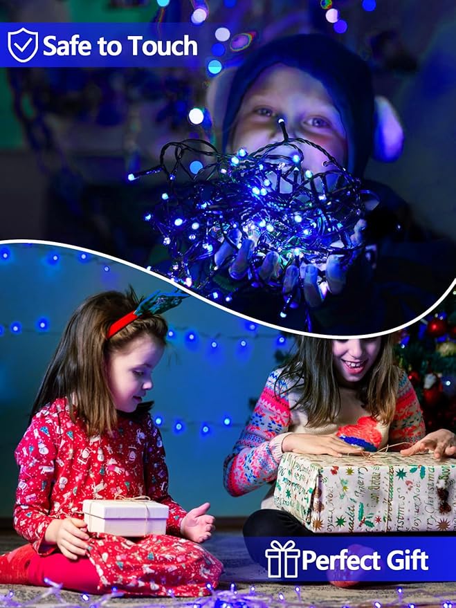 EEW 2-Pack 200 LED Solar String Lights Outdoor, Solar Christmas Lights with 8 Lighting Modes, Waterproof Green Wire Solar Tree Lights for Outside Xmas Wedding Party Garden Patio Decorations (Blue)