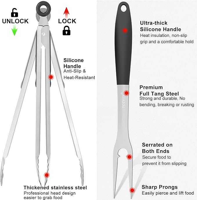 BBQ Grilling Accessories, 3Pcs Stainless Steel Grill Tools Accessories Set with Spatula, Fork and Tongs, Barbecue Utensils Grilling Tools for Outdoor Camping, Heat-Resistant Silicone Handle