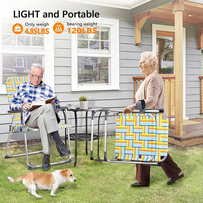 VINGLI Aluminum Oversize Patio Lawn Chairs Folding Set of 2 with Detachable Cup Holder, Webbed Beach Chair Folding Chair Outdoor Portable Camping Chair for Yard, Garden