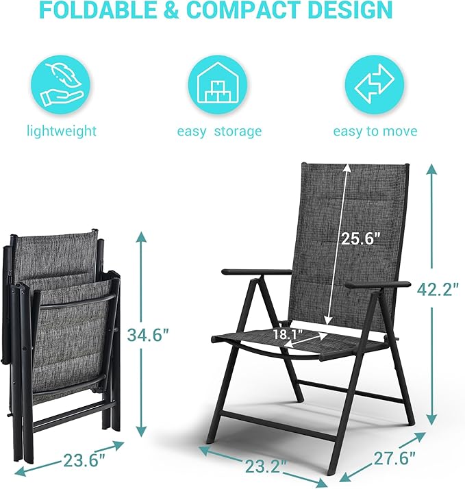 UDPATIO Patio Folding Dining Chairs Set of 2, Folding Lawn Chairs for Adults with Padded All Weather Breathable Textilene, Portable Chairs with Steel Frame, No Assembly, Dark Grey
