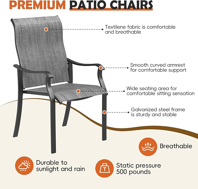 UDPATIO Patio Dining Chairs Set of 2, High Back Wide Seat Outdoor Furniture Chairs with All Weather Breathable Textilene, for Lawn Garden Backyard Deck, Dark Grey