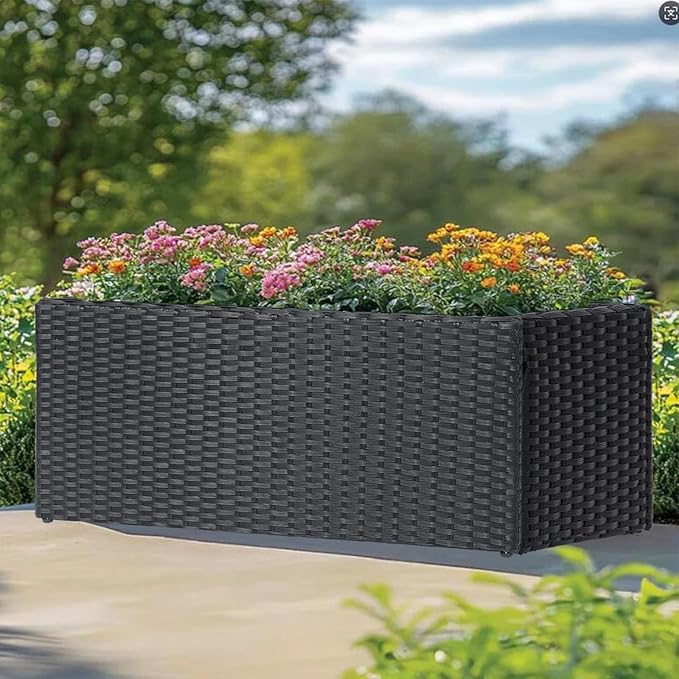 LEWIS&WAYNE Large Rectangular Block Planter Box Handmade Wicker Tall Planters for Outdoor Plants with Removable Liners Modern Planter for Indoor Outdoor Patio Deck - Black, 36''x12''x16''