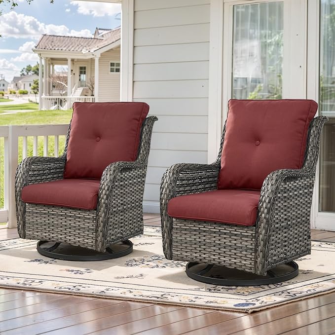Outdoor Swivel Rcoker Wicker Chairs - Swivel Patio Chairs Set of 2 Patio Furniture Sets with Covered Cushion for Porch Deck Balcony Backyard, Red