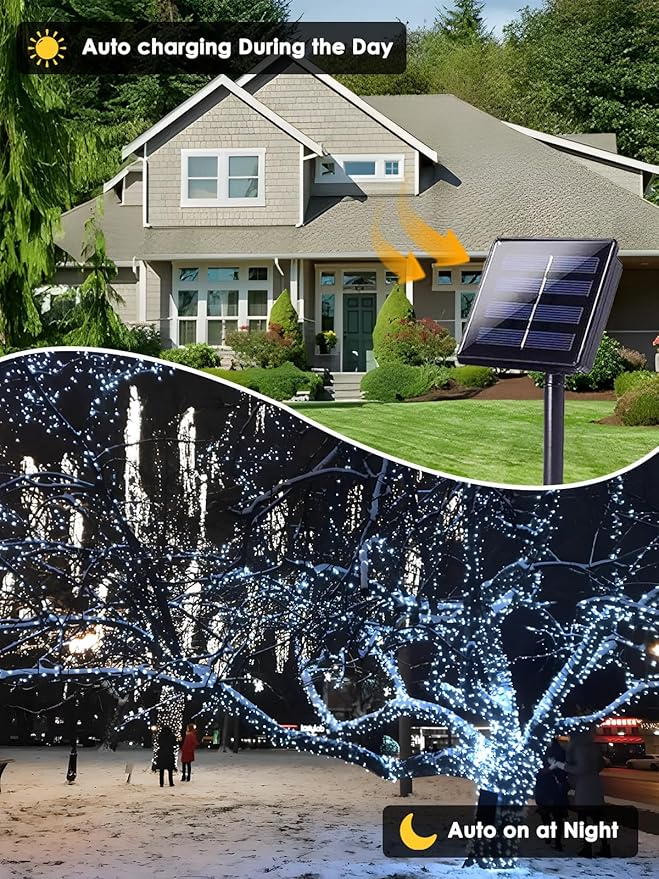 EEW 2-Pack 200 LED Solar String Lights for Outside, Solar Christmas Lights with 8 Lighting Modes, Waterproof Green Wire Solar String Lights Outdoor for Tree Xmas Party Garden Decorations (Cool White)