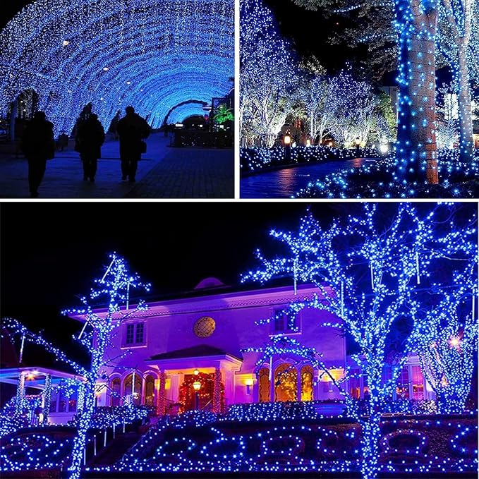 EEW 2-Pack 200 LED Solar String Lights Outdoor, Solar Christmas Lights with 8 Lighting Modes, Waterproof Green Wire Solar Tree Lights for Outside Xmas Wedding Party Garden Patio Decorations (Blue)