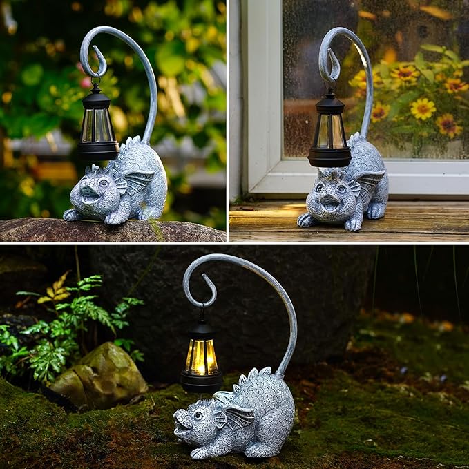 Baby Dragon Statue with Solar Lantern - Dragon Garden Decor and Housewarming Gifts for Mom, Women - Outdoor Dragon Gifts for Yard