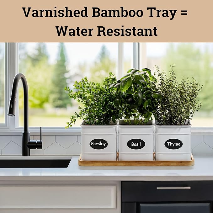 Herb Planter Indoor - 3 Iron Herb Pots with Drainage Holes, Varnished Bamboo Tray, Customizable Labels & Marker Pen - Indoor Herb Garden Planter - 3 Pots for Herbs - Inside Spice Garden - Basil Pot