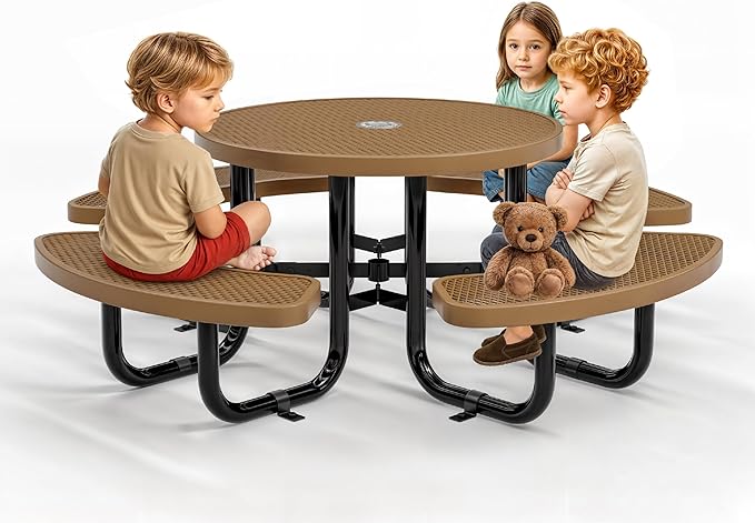 Metal Picnic Tables for Kids for Outdoors with Umbrella Hole - Coated Steel Heavy Duty Commercial Grade Table with Adjustable Seats (Brown, 38 in, Kids, Expanded Steel)