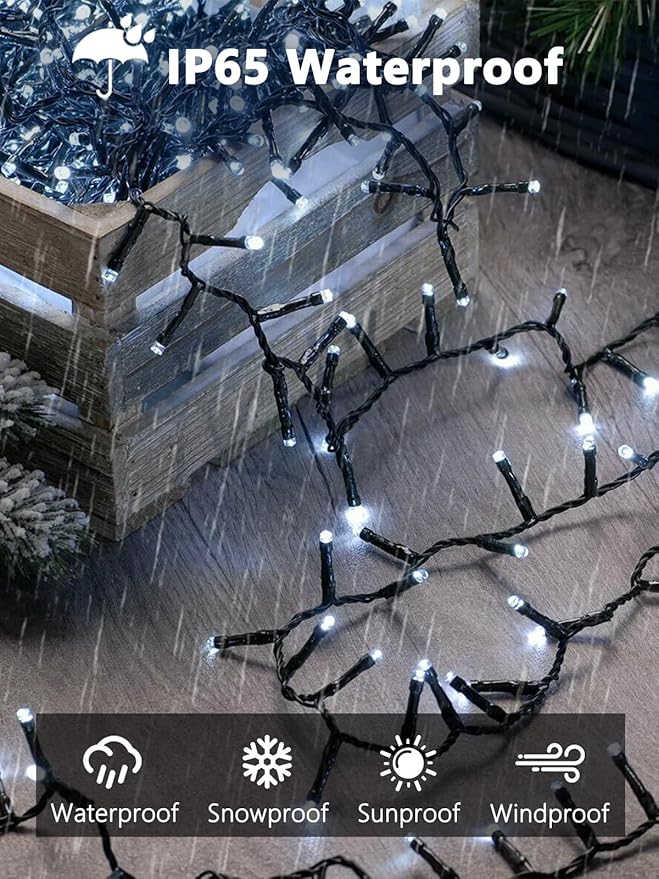 4 Pack 400 LED Solar String Lights for Outside, Solar Christmas Lights Outdoor Waterproof, Green Wire Twinkle Light with 8 Lighting Modes for Xmas Tree Wedding Party Garden Decorations (Cool White)