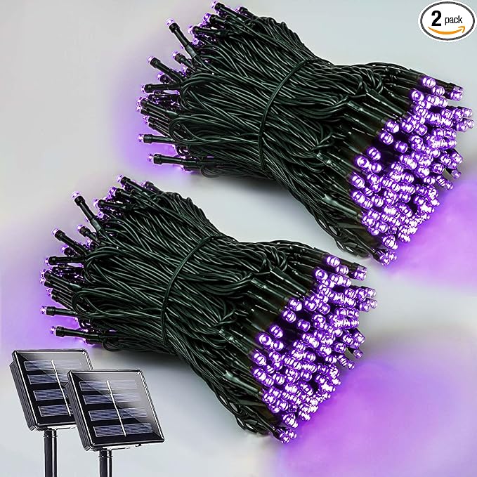 EEW 2 Pack 200 LED Solar Halloween Lights Outdoor Waterproof, Solar String Lights for Outside, Solar Powered Tree Light with 8 Lighting Modes for Xmas Party Garden Yard Halloween Decorations (Purple)