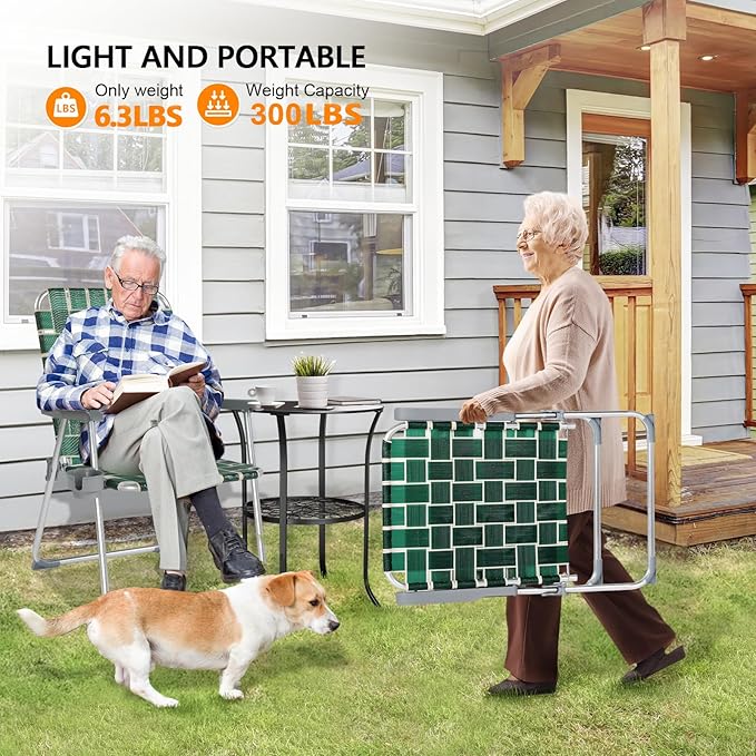 VINGLI Folding Webbed Oversized Lawn Chairs with Detachable Cup Holder, 300 LBS High Beach Chair for Adults Heavy Duty, Portable Aluminum Patio Chair for Yard, Garden, 2 Pack,Dark Green