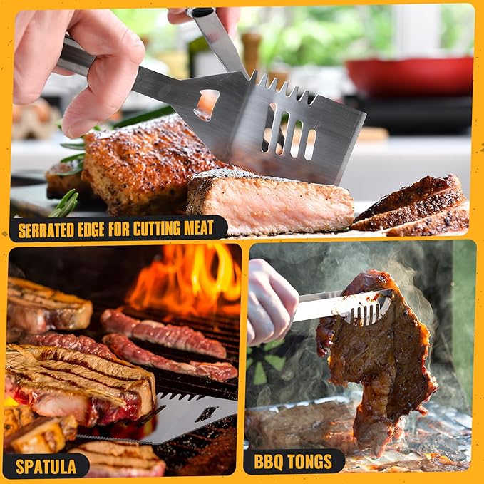 BBQ Grill Tools Set 16-inch Heavy Duty, 3 Pcs - Barbecue Utensils Kit for Camping, Kitchen, Outdoor Cooking,Suitable as a Gift for Men, Fathers, Friends