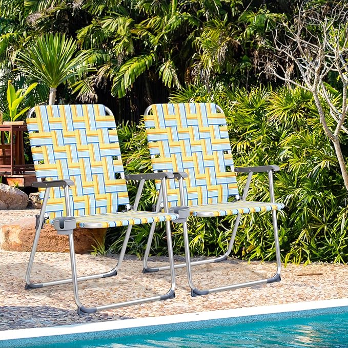 VINGLI Aluminum Oversize Patio Lawn Chairs Folding Set of 2 with Detachable Cup Holder, Webbed Beach Chair Folding Chair Outdoor Portable Camping Chair for Yard, Garden