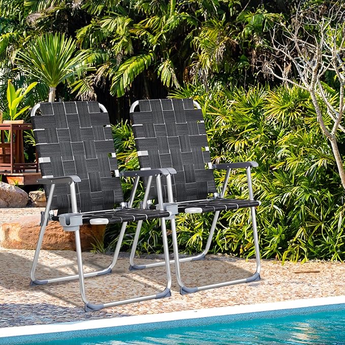 VINGLI Aluminum Patio Lawn Chairs Folding Set of 2 with Detachable Cup Holder, Webbed Beach Chair Folding Chair Outdoor Portable Camping Chair for Yard, Garden