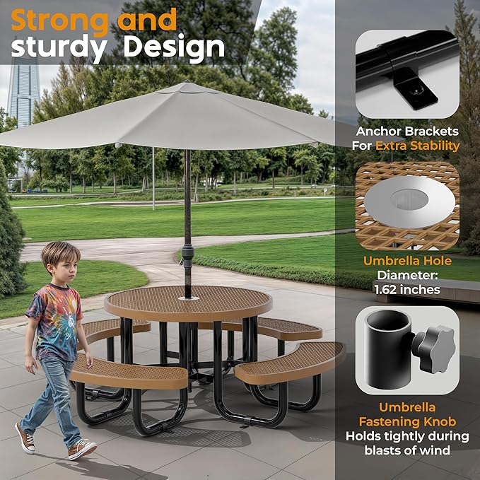 Metal Picnic Tables for Kids for Outdoors with Umbrella Hole - Coated Steel Heavy Duty Commercial Grade Table with Adjustable Seats (Brown, 38 in, Kids, Expanded Steel)